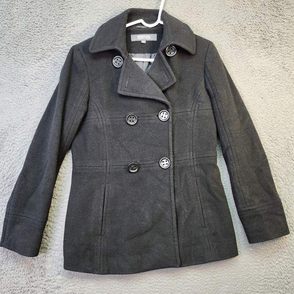 Kenneth Cole Reaction Coat Womens 6 Black Wool Blend Double Breasted‎ Pea Jacket - Picture 1 of 12